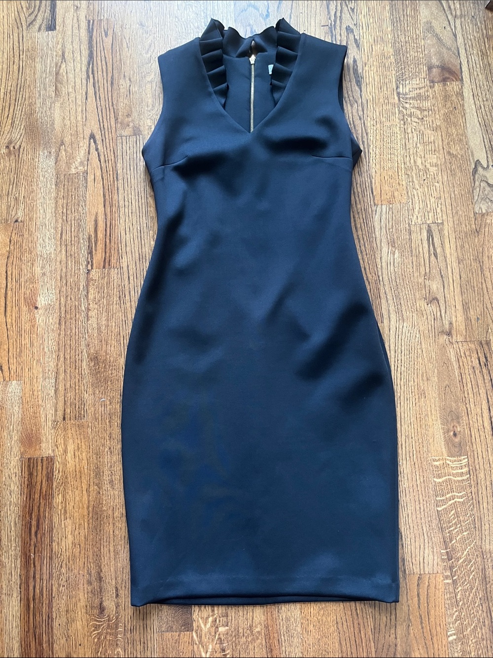 Calvin Klein Black Sleeveless Ruffle-V Dress